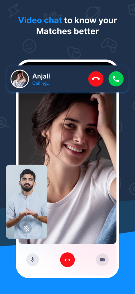 TrulyMadly 앱의 화상 통화 인터페이스로, 웃는 남아시아 여성과 남성이 화상 통화를 통해 연결되는 모습