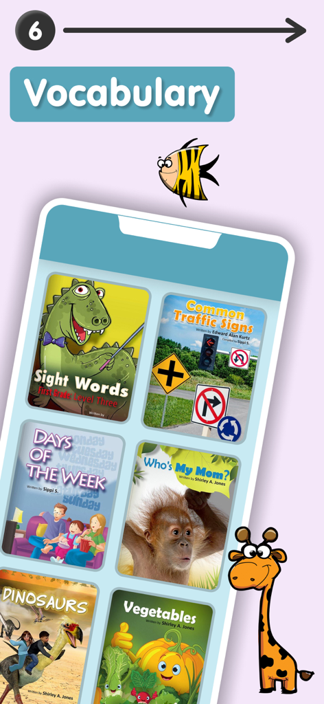 Screenshot of the vocabulary section showing book covers for sight words, traffic signs, and dinosaurs.