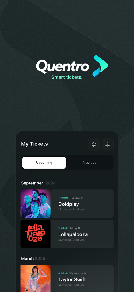 Quentro - Interfaccia dell'app mobile Quentro che mostra i prossimi biglietti digitali per concerti come Coldplay e Taylor Swift