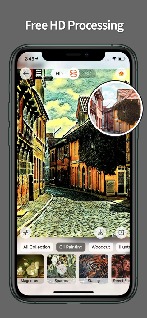 TensorArt - AI photo Editor - TensorArt App-Oberfläche, die einen Ölgemälde-Filter zeigt, der auf ein Straßenfoto mit hochauflösender Verarbeitung angewendet wurde