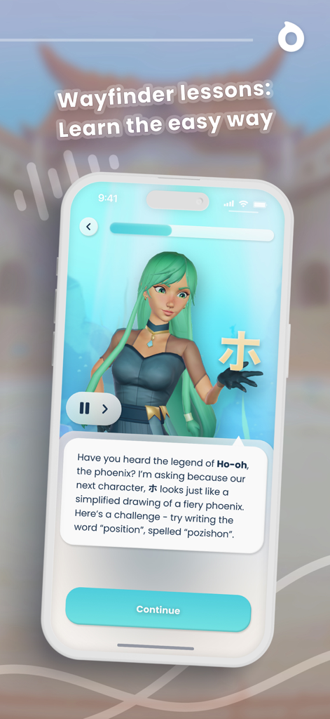 Fluyo - Fun Language Lessons - Anime character Mizuna teaching a Japanese character lesson in the Fluyo app
