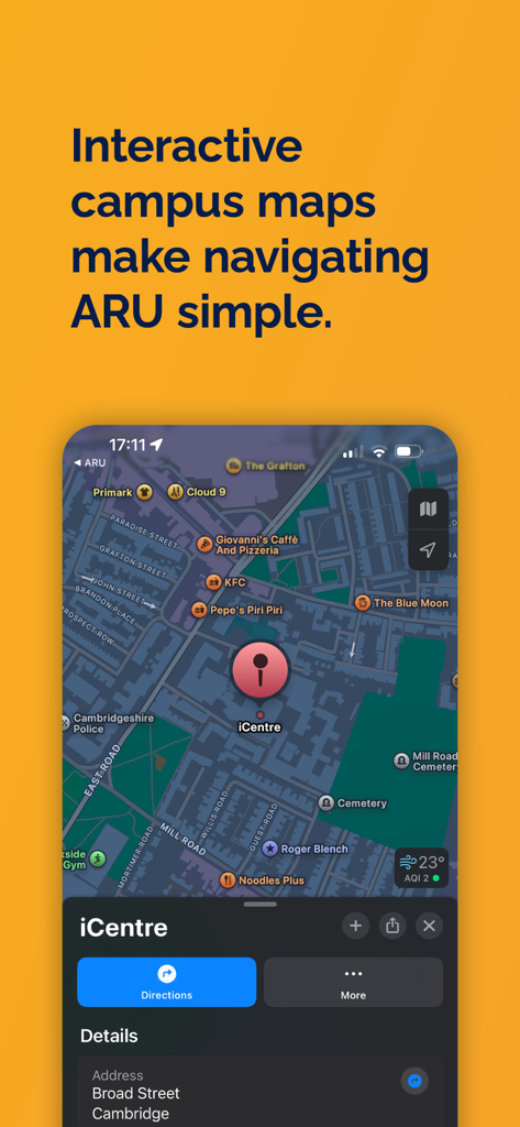 Ein mobiler App-Screenshot, der eine interaktive Campuskarte für die Anglia Ruskin University mit Navigationsmarkierungen und lokalen Annehmlichkeiten zeigt.