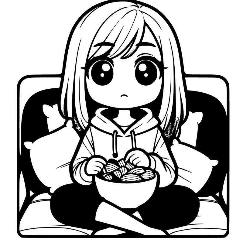 girl with straight hair and a hoodie sitting on the couch with potato chips