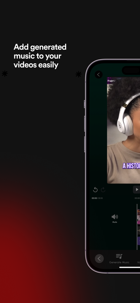 Soundverse - AI Song Generator - A mobile screen showing the Soundverse app video editor interface with a user adding AI-generated music to a video.
