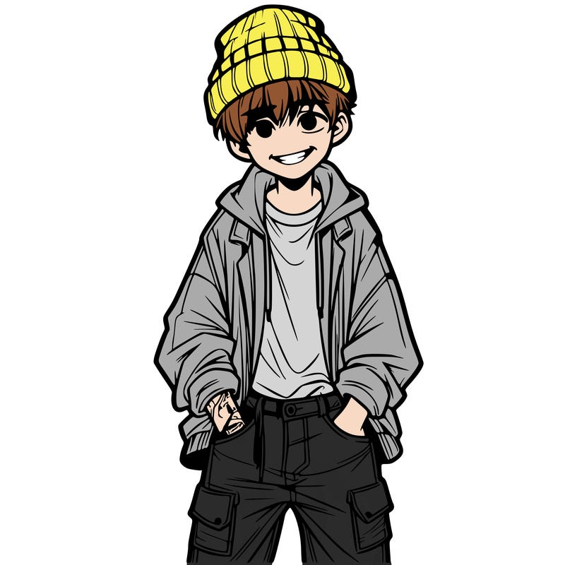 teenage realistic boy with baggy clothes and a grin