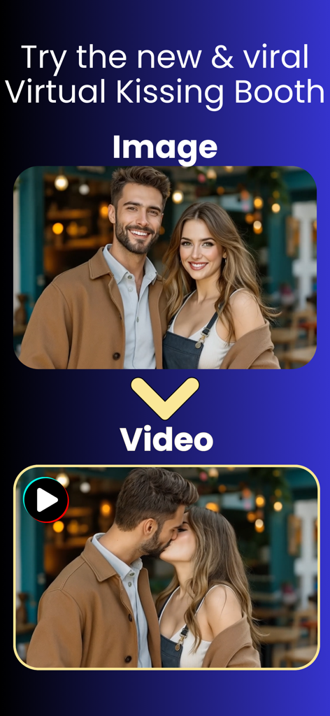 AI Animate: Photo to Video App - Interface do aplicativo AI Animate demonstrando a transformação de uma foto estática de um casal em um vídeo animado de beijo.