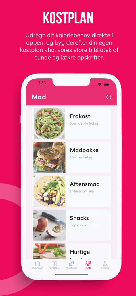 Miss Fit - Miss Fit app interface displaying a healthy meal plan with categories for breakfast, lunch, dinner, and snacks