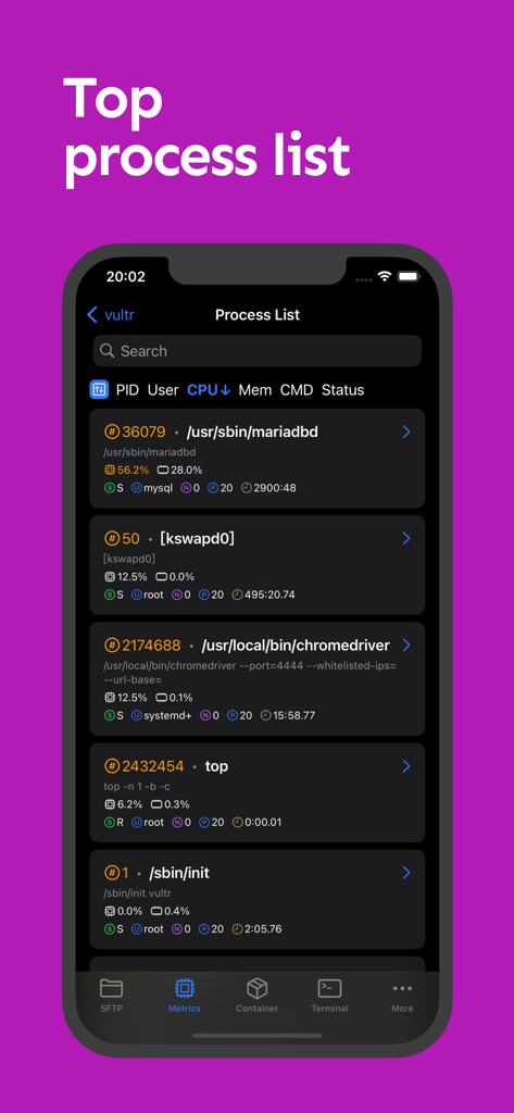 NeoServer: SSH Client|Terminal - Screenshot of the NeoServer app displaying a detailed list of active server processes including PID, CPU, and memory usage.