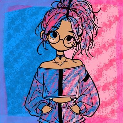 girl with a messy ponytail glasses a baggy crop top and jean shorts