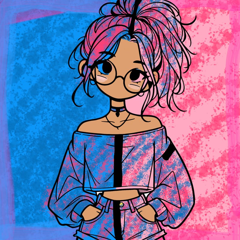 girl with a messy ponytail glasses a baggy crop top and jean shorts