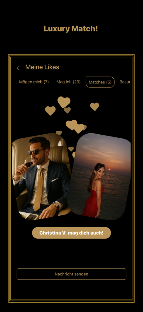 LuxurySecret: Dating & Love - LuxurySecret dating app interface showing a mutual match between a professional man and a woman in an elegant setting.