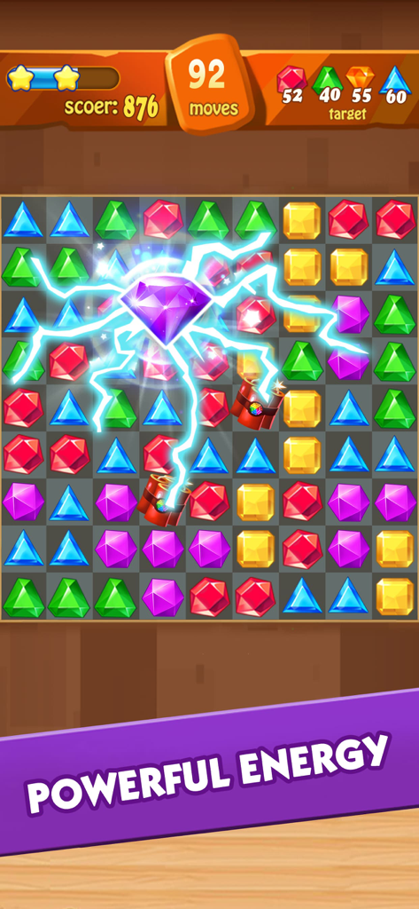 Un tablero de rompecabezas de combinar 3 de Jewel Fever que muestra un gran diamante púrpura con efectos de relámpago y el texto Energía Poderosa.