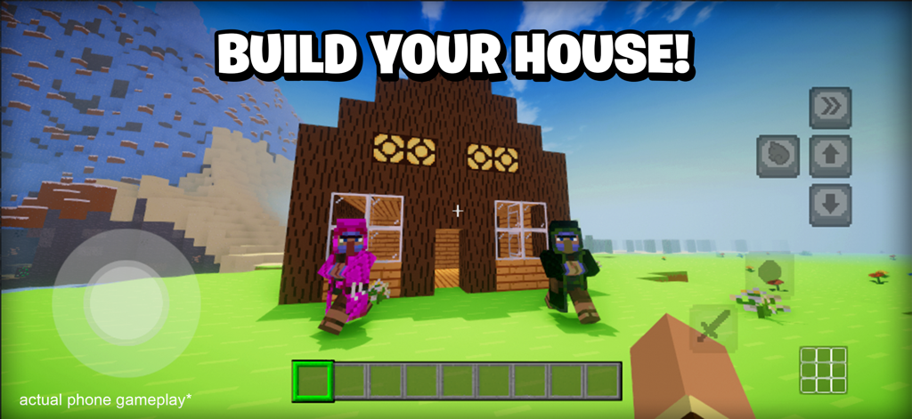 Build World: Sandbox Survival - Two pixelated characters standing in front of a wooden house in a 3D block building game