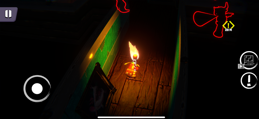Um cachorro corajoso explorando um corredor escuro de casa mal-assombrada no jogo de terror Scary Dog.