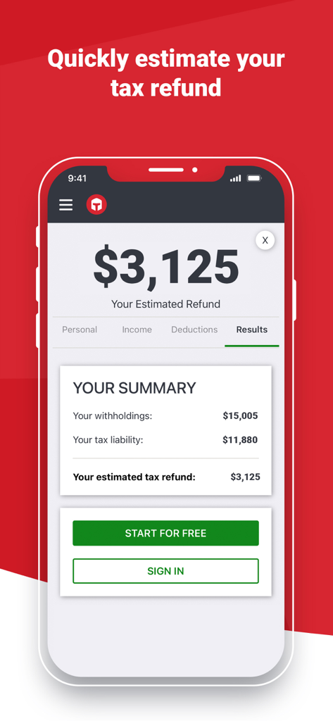 TaxSlayer: File your taxes - TaxSlayer mobile app screen showing an estimated tax refund of 3,125 dollars.