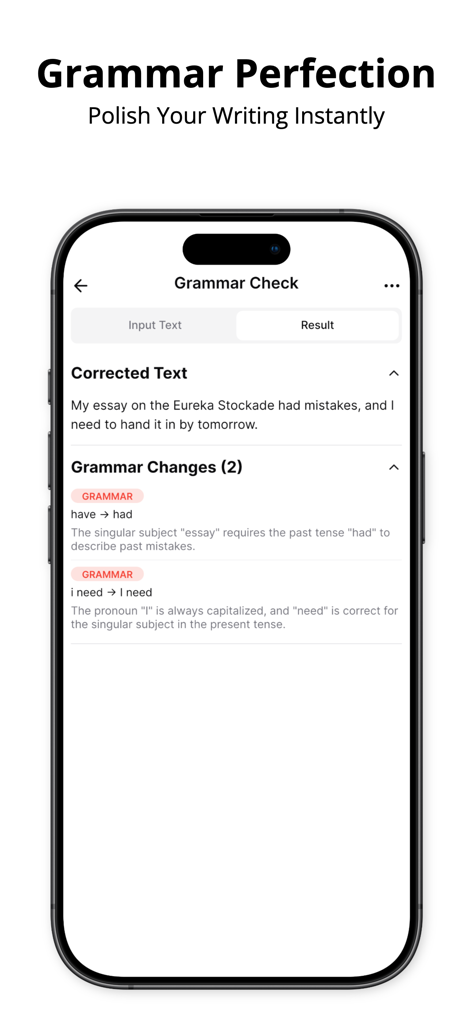 A smartphone screen displaying the grammar check feature of the AI Writer app showing corrected text and detailed grammar explanations.