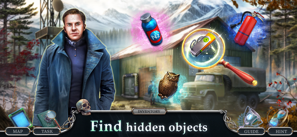 Detectives United 7: Adventure - A screenshot of the Detectives United 7 game showing a detective character and various items to find in a snowy mountain setting