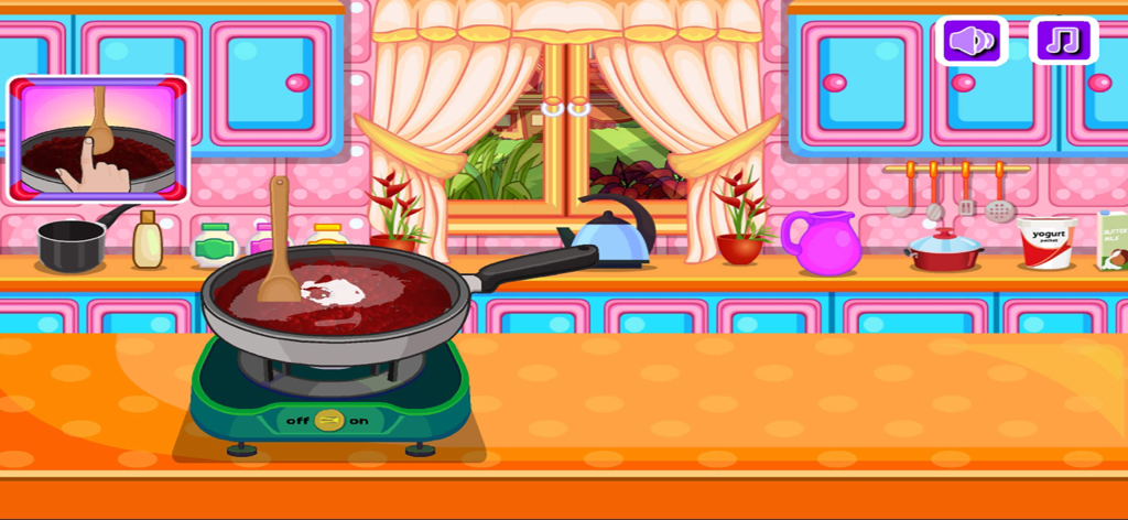 Baking black forest cake games - A cartoon kitchen scene showing a hand stirring a dark red cake mixture in a pan on a stove.