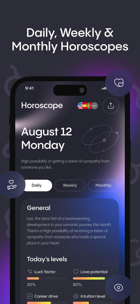 AstroBook: Astrology Insights - Mobile app screen showing daily weekly and monthly horoscope sections with life progress bars for luck and love