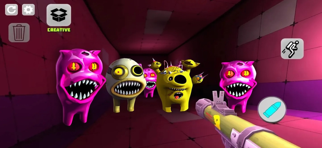 First-person view of a player aiming a weapon at various pink and yellow monsters with sharp teeth in a 3D corridor.