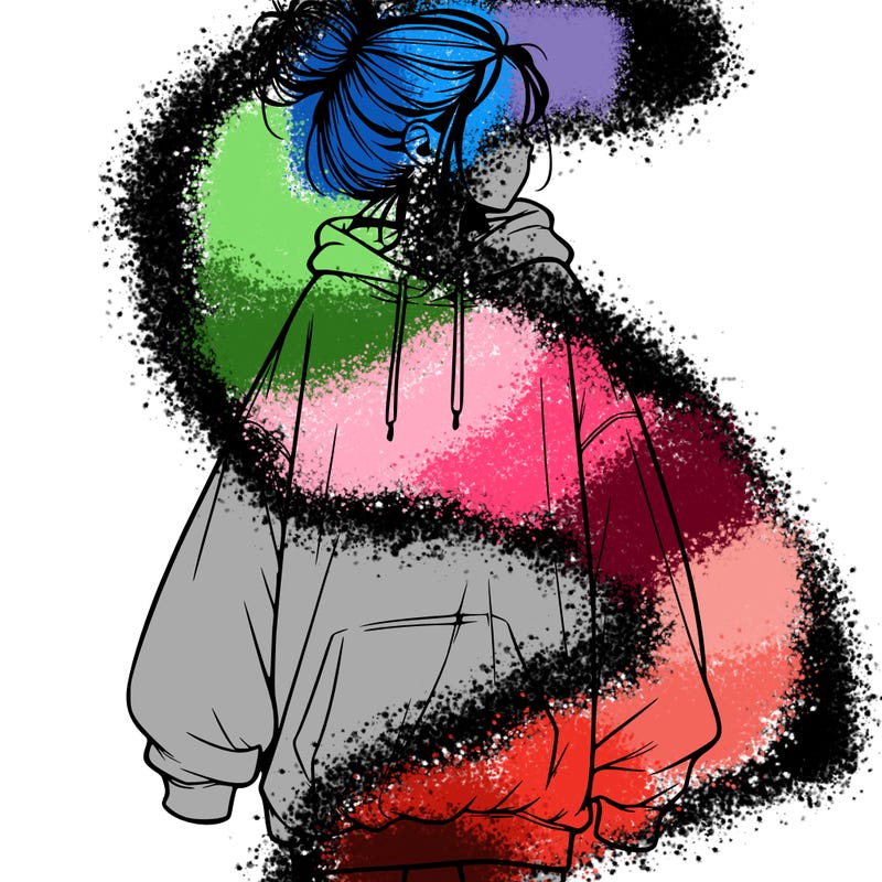 realistic girl with a oversized sweatshirt on and a bun