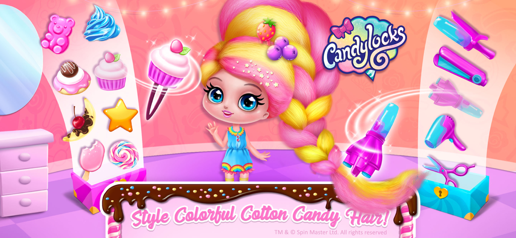 Muñeca Candylocks con cabello de algodón de azúcar de colores y herramientas de peinado.