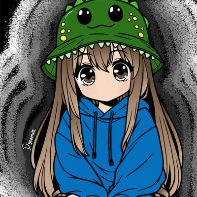 girl with anime shaped eyes with a dinosaur bucket hat oversized sweatshirt long straight hair