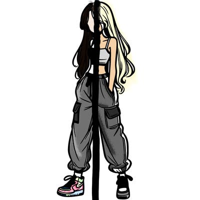 girl in baggy pants crop top and long hair