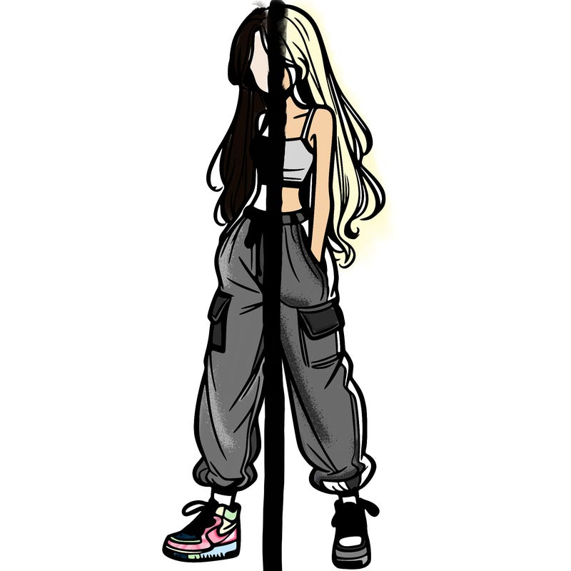 girl in baggy pants crop top and long hair