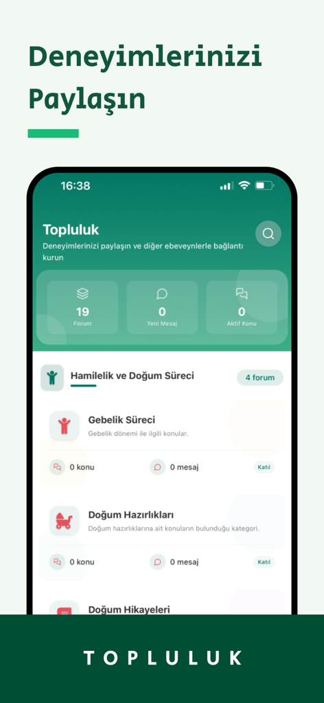 Babysfer | Bebek & Hamilelik - Babysfer mobile app community interface showing pregnancy and birth preparation discussion forums in Turkish