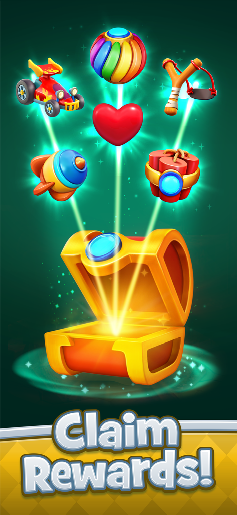 Time Blast: Puzzle Game - An open golden treasure chest emitting game rewards like a rocket, heart, and slingshot