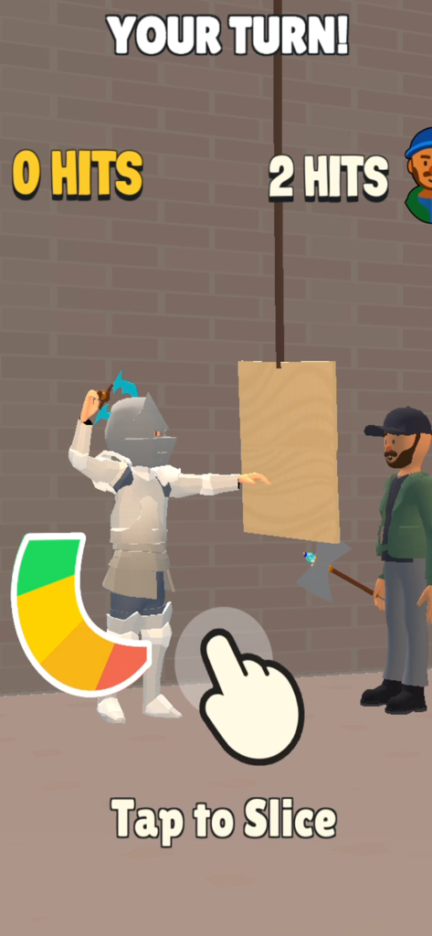 Blade Forge 3D - Um personagem cavaleiro no Blade Forge 3D testando uma arma ao fatiar um quadro de madeira durante um confronto