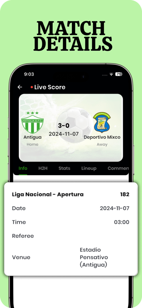 Kick Off - Football Live Match - Pantalla de smartphone que muestra información detallada del partido de fútbol y marcadores en vivo en la aplicación Kick Off