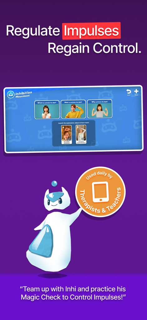 Écran de l'application Babaoo enseignant aux enfants le contrôle des impulsions par des mouvements d'inhibition.