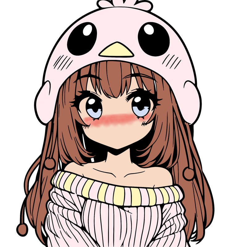 anime girl with chick shaped hat with sweater with bare shoulders with bangs covering them one eye with low tail