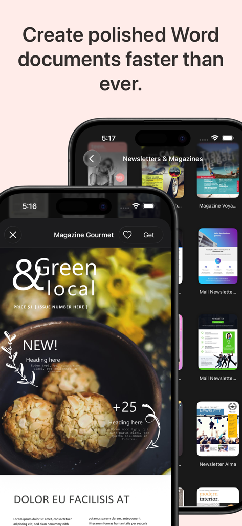 Microsoft Office용 도구 앱의 잡지 및 뉴스레터용 전문 Word 문서 템플릿 모음.