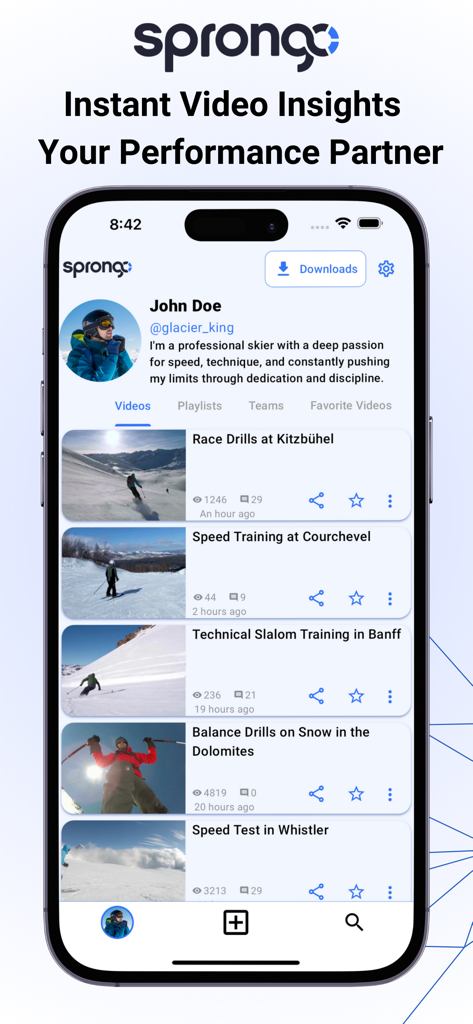 Sprongo - Athlete profile interface in the Sprongo app featuring a list of sports training videos