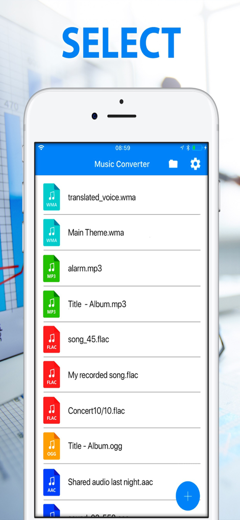 Interfaccia dell'app Convertitore MP3 che mostra un elenco di file audio in diversi formati come WMA, MP3 e FLAC per la selezione.