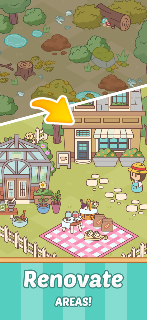 Merge Mend : Renovate Town - Una vista de antes y después que muestra un área forestal desordenada transformada en un pueblo acogedor con una cafetería y un invernadero