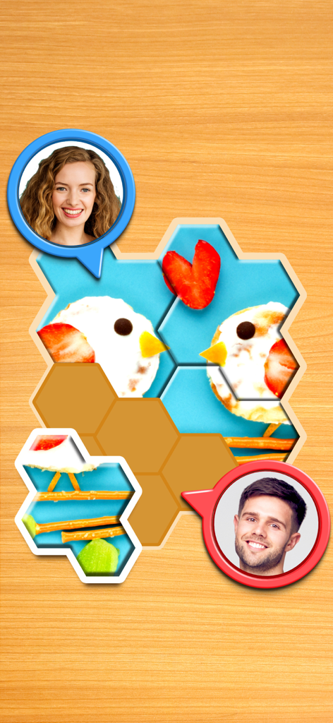 Jogabilidade multiplayer de Quebra-Cabeças Hexagonais mostrando peças hexagonais e ícones de jogadores