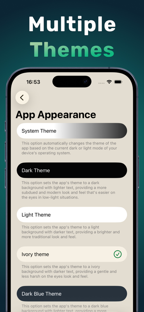 Xenova: AI Chat & Assistant - Xenova AI Chat interface showing App Appearance settings with options for Dark, Light, and Ivory themes.