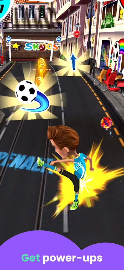Soccer Games for Kids! - Un niño animado patea un balón de fútbol en un entorno callejero con monedas de oro y un mensaje de potenciador