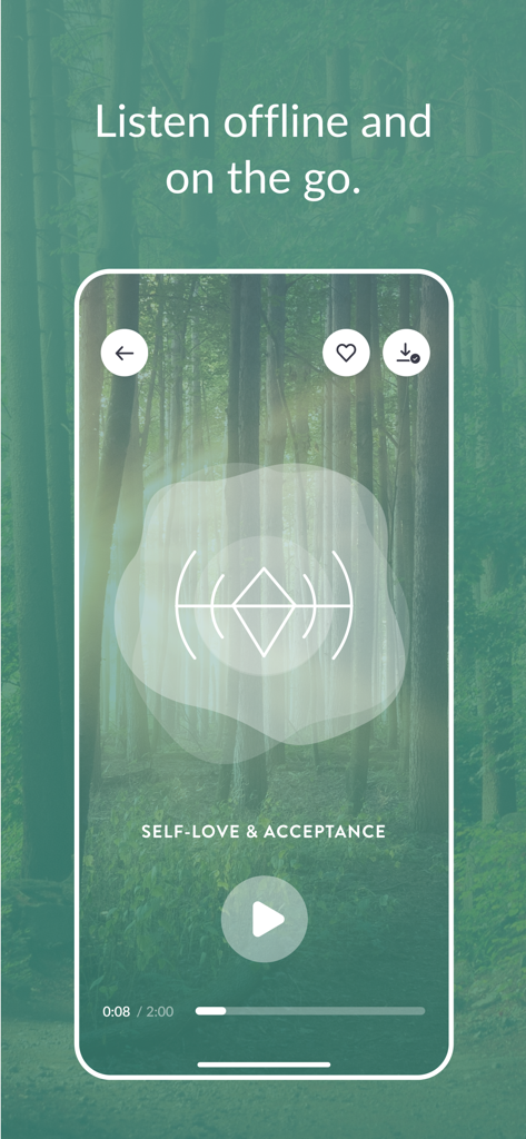 오프라인 청취를 위한 다운로드 버튼이 있는 자기애 및 수용 명상 세션을 보여주는 Grace Hypnosis 앱 인터페이스.
