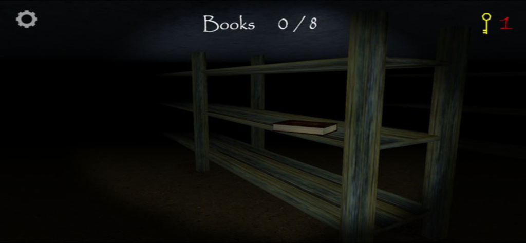 Gameplay screenshot of Slendrina The Cellar showing a book on a wooden shelf in a dark room