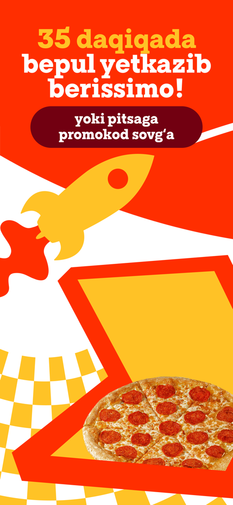 Bellissimo Pizza - Bellissimo Pizza promotional banner showing a rocket and a pepperoni pizza with a 35 minute delivery guarantee message