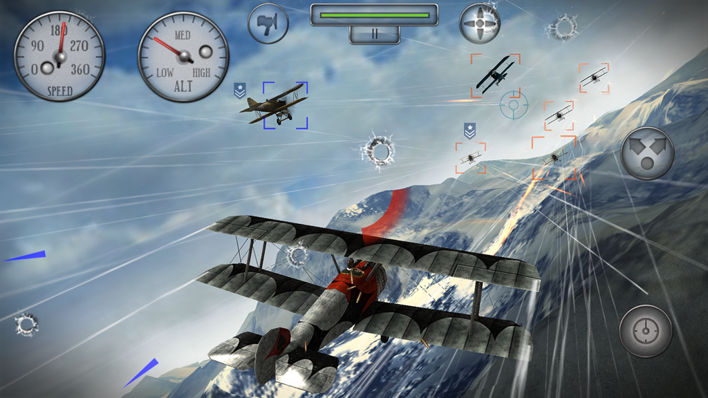 Sky Gamblers Rise Of Glory - A World War I biplane engaged in a dogfight over snowy mountains in Sky Gamblers Rise of Glory.