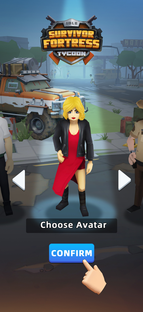 Idle Survivor Fortress Tycoon - Choose avatar screen in Idle Survivor Fortress Tycoon featuring a female survivor in a red dress