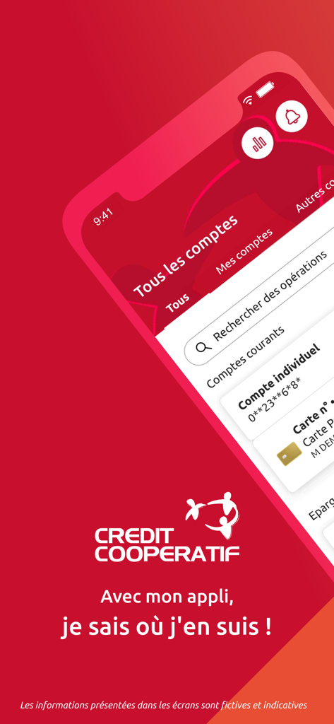 Crédit Coopératif - Aplicação móvel do Crédit Coopératif apresentando saldos de conta e visão geral financeira