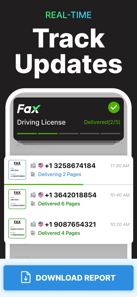 Real-time tracking of fax delivery status on an iPhone app