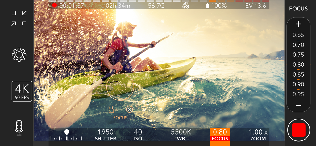 ProMovie Recorder app interface with manual video controls for professional cinematography
